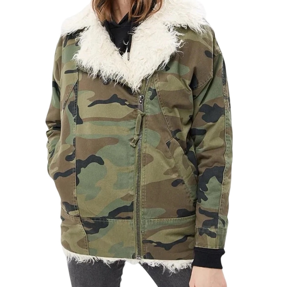 TOPSHOP Camouflage Utility Aviator Canvas Bomber Army Jacket Faux Fur Lining